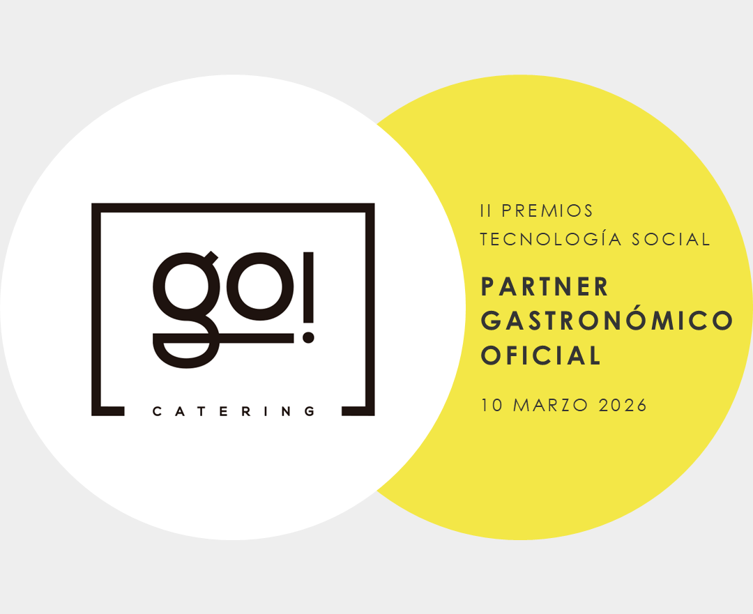 Creatividad desarrollada por el equipo de FUNTESO, Fundación Tecnología Social, en relación a la presentación del Partner Gastronómico Oficial de FUNTESO en los Premios de Tecnología Social 2026: Go! Catering Madrid. En la imagen destacan varias figuras geométricas circulares, en una de ellas aparece el logotipo de Go! Catering Madrid.